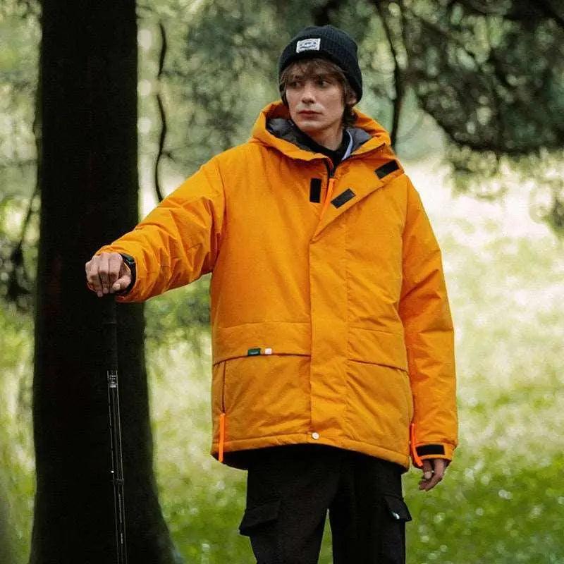 Street Windproof Hooded Cotton Jacket - MRC STORETopMy StoreA person wearing a khaki green hooded cotton jacket with a zipper, standing in a wooded area.MRC STORECJYR165417005EVKhakiL