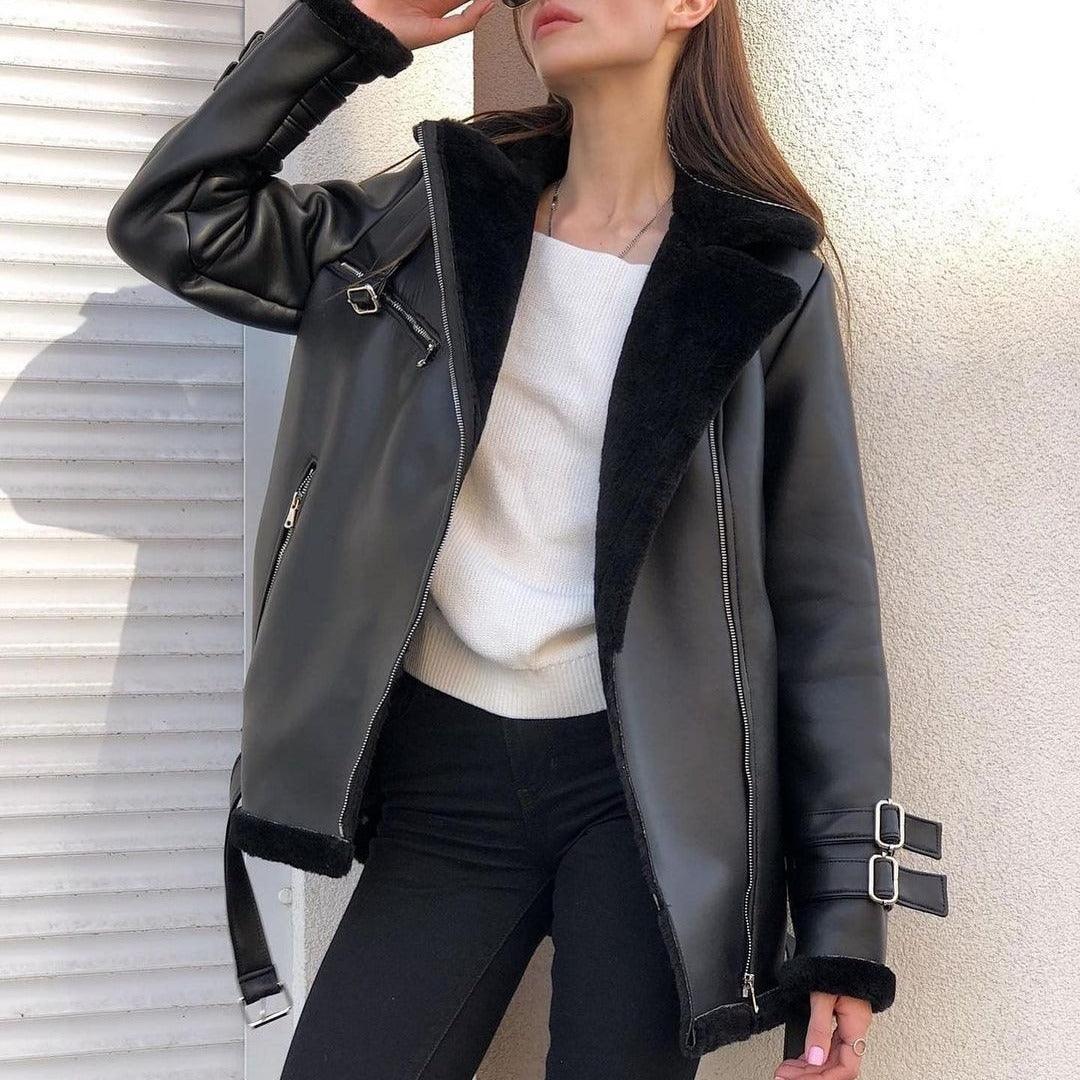 Suede Lapel Zipper Coat - MRC STORETopMRC STOREA woman wearing a black suede lapel zipper coat with a white top and black trousers, posing against a wall.MRC STORECJYD211489911KPBeigeL