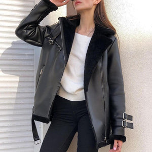 Suede Lapel Zipper Coat - MRC STORETopMRC STOREA woman wearing a black suede lapel zipper coat with a white top and black trousers, posing against a wall.MRC STORECJYD211489911KPBeigeL