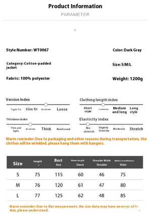 Thermal Puffer Cotton Padded Jacket - MRC STOREJacketsMRC STOREProduct information sheet for a dark gray cotton - padded jacket with specifications and size chart.MRC STORECJJK255467109IRDark GrayL