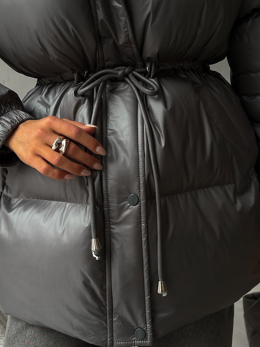 Thermal Puffer Cotton Padded Jacket - MRC STOREJacketsMRC STOREPerson wearing a black puffer jacket with a tie waist, focusing on the jacket's design and texture.MRC STORECJJK255467109IRDark GrayL