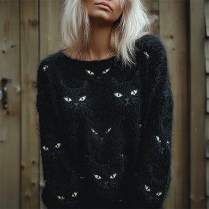 Unisex Halloween 3D Print Loose Sweater - MRC STOREHalloweenMRC STOREPerson wearing a black sweater with cat patterns against a wooden backgroundMRC STORECJWY254465745SHJLNWY12TCFS1363682XL