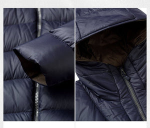 Unisex Hooded Down Jacket — Couple Style Ribbed Design - MRC STOREJacketsMRC STORECollage of a navy blue puffer jacket with close - up details on cuffs and hood.MRC STORECJYD259369234HSNavy Blue2XL