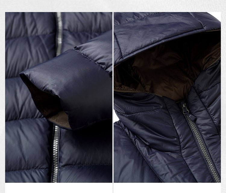 Unisex Hooded Down Jacket — Couple Style Ribbed Design - MRC STOREJacketsMRC STORECollage of a navy blue puffer jacket with close - up details on cuffs and hood.MRC STORECJYD259369234HSNavy Blue2XL
