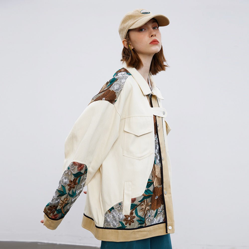 Unisex Stitching Lace Coat – Casual Khaki Jacket for Youth - MRC STOREJacketsMRC STOREPerson wearing a cream - colored jacket with floral patterns on sleeves and a beige cap against a white backgroundMRC STORECJXZ195934802BYKhakiL