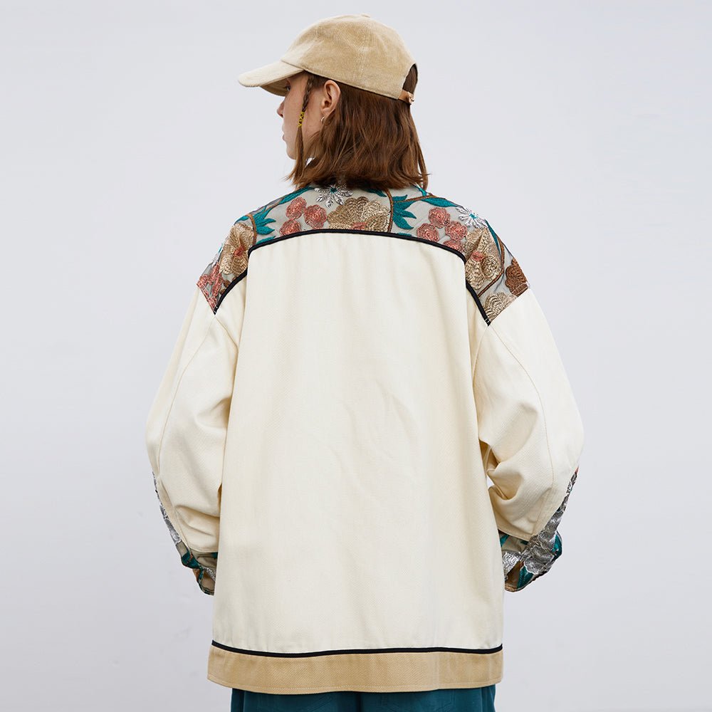 Unisex Stitching Lace Coat – Casual Khaki Jacket for Youth - MRC STOREJacketsMRC STOREPerson wearing a cream - colored jacket with floral patterns on sleeves against a white backgroundMRC STORECJXZ195934802BYKhakiL