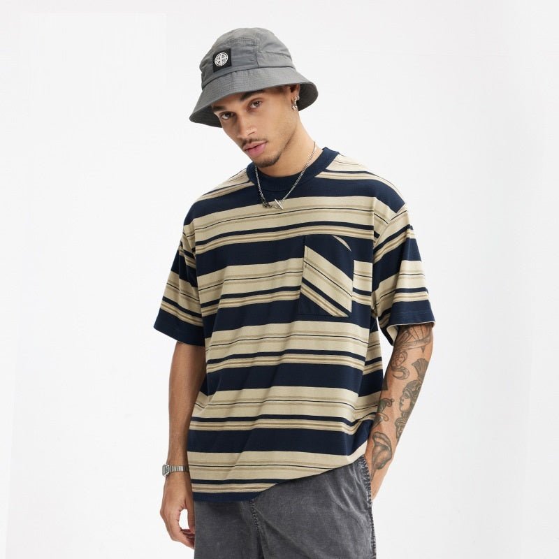Unisex Striped T-Shirt - Loose Pocket Style - MRC STOREShortsMy StoreA person wearing a unisex striped t-shirt with a pocket on the front. The shirt is in shades of gray and beige with a loose fit.MRC STORECJYH233225702BYApricotL