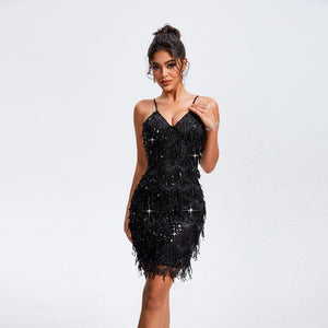 V - Neck Sequins Tassel Party Dress – Sling Style - MRC STOREDressMy StoreV - Neck Sequins Tassel Sleeveless Party Dress - High Waist Dress Sling Style - MRC STOREMRC STORECJLY212342203CXBlackL