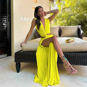 V - neck Slim Fit Dress - MRC STOREclothesMRC STOREV - neck Slim Fit DressMRC STORECJLY202458509IRYellowL