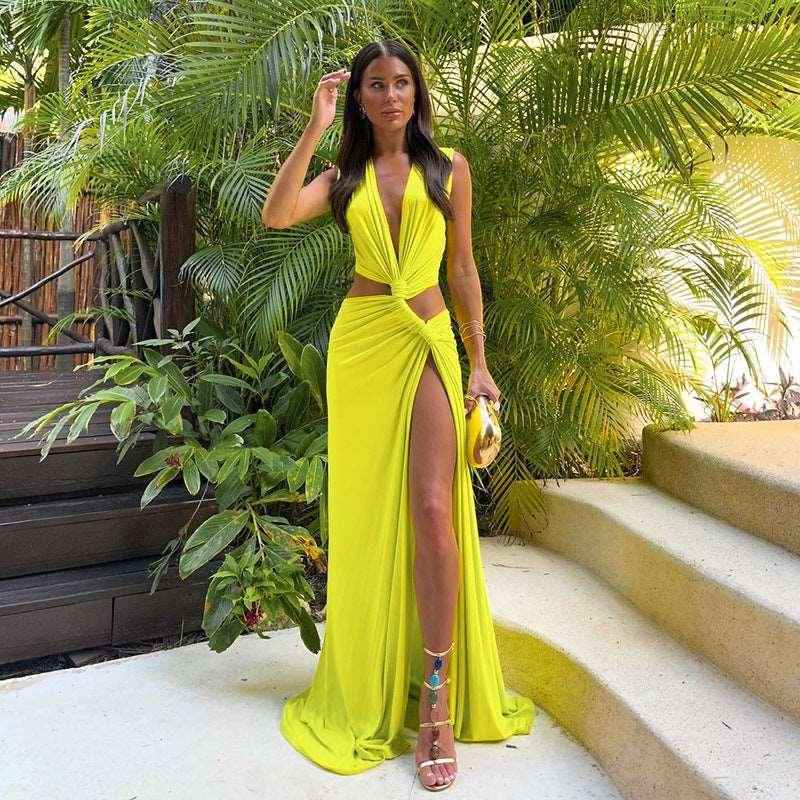 V - neck Slim Fit Dress - MRC STOREclothesMRC STOREV - neck Slim Fit DressMRC STORECJLY202458509IRYellowL