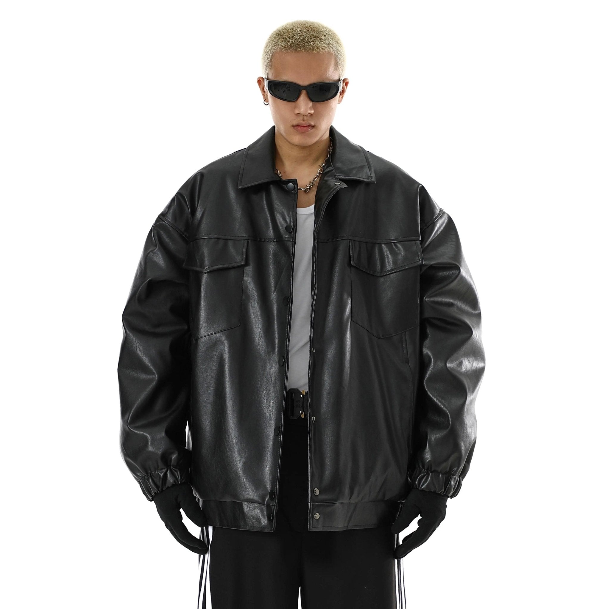 Vintage PU Leather Lapel Coat - MRC STORETopMy StorePerson wearing a black leather jacket and sunglasses on a white backgroundMRC STORECJZP170694104DWBlack2XL