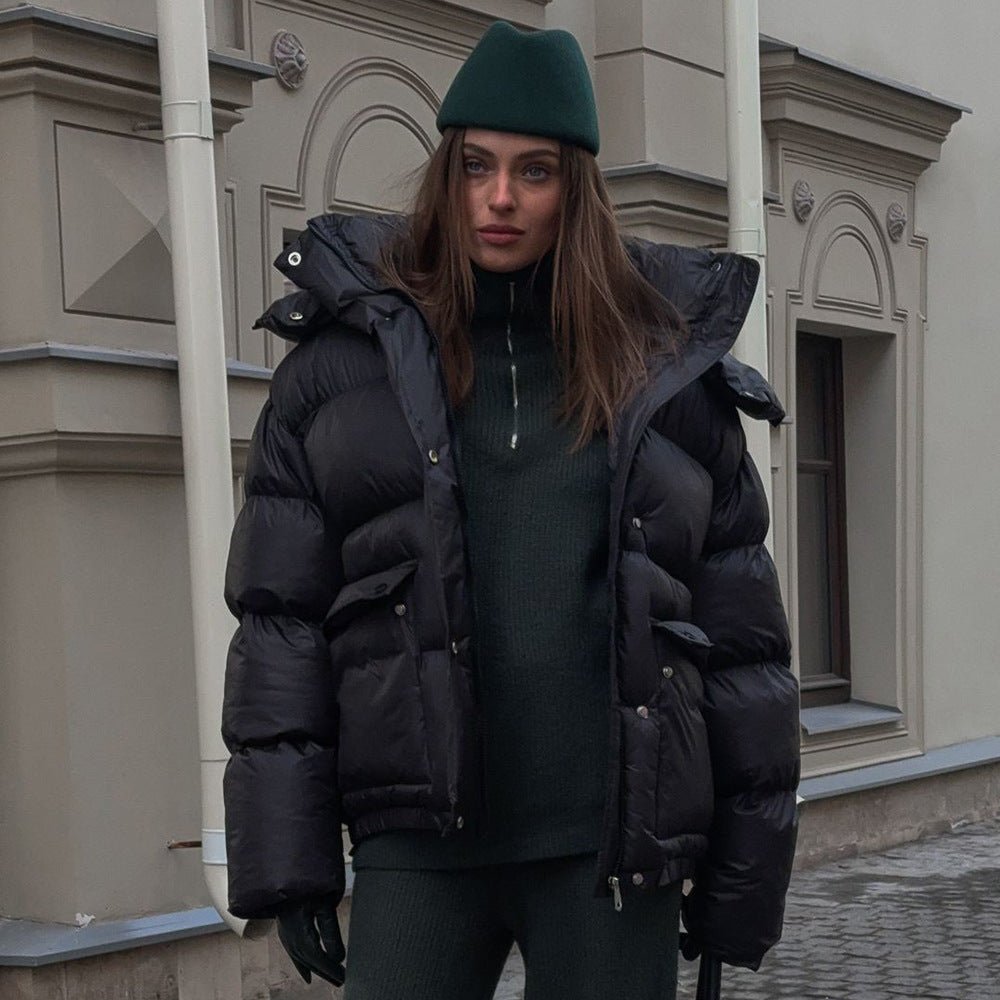 Warm Cotton - Padded Hooded Overcoat - MRC STOREJacketsMRC STOREPerson wearing a black puffer jacket and green beanie standing in front of a building.MRC STORECJJK255502303CXBlackL
