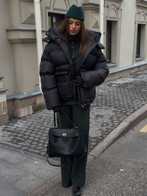 Warm Cotton - Padded Hooded Overcoat - MRC STOREJacketsMRC STOREPerson wearing a black puffer jacket and green beanie walking on a street.MRC STORECJJK255502303CXBlackL