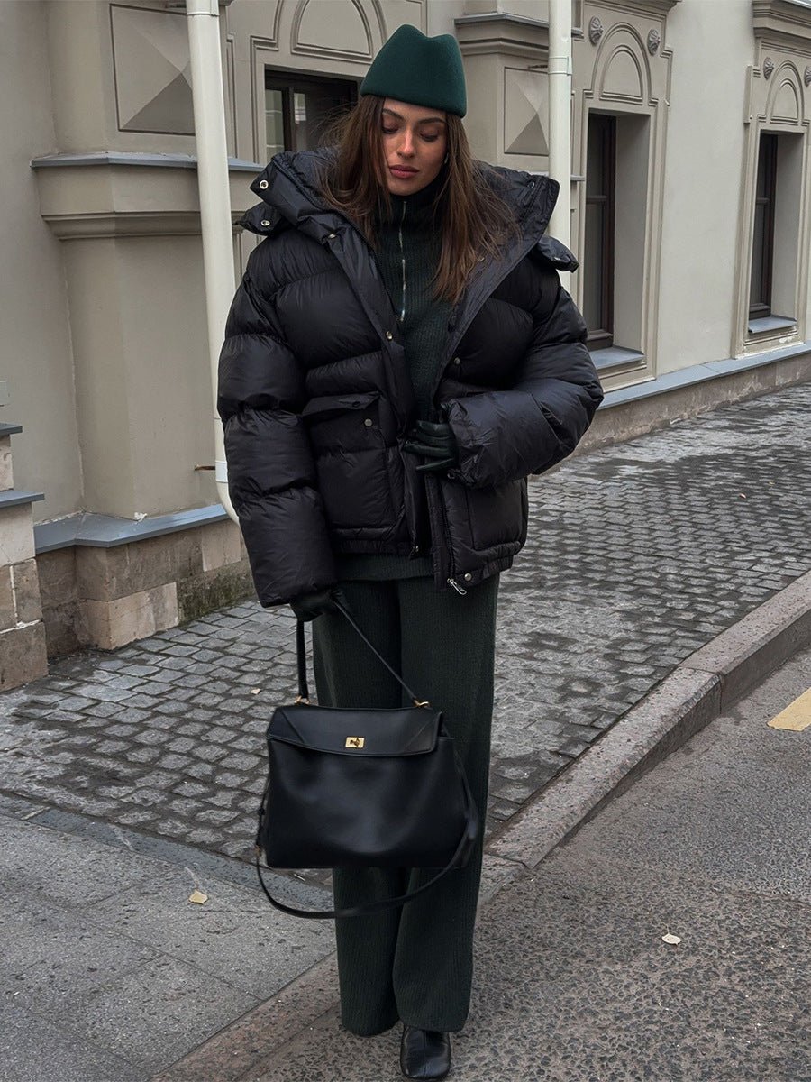 Warm Cotton - Padded Hooded Overcoat - MRC STOREJacketsMRC STOREPerson wearing a black puffer jacket and green beanie walking on a street.MRC STORECJJK255502303CXBlackL