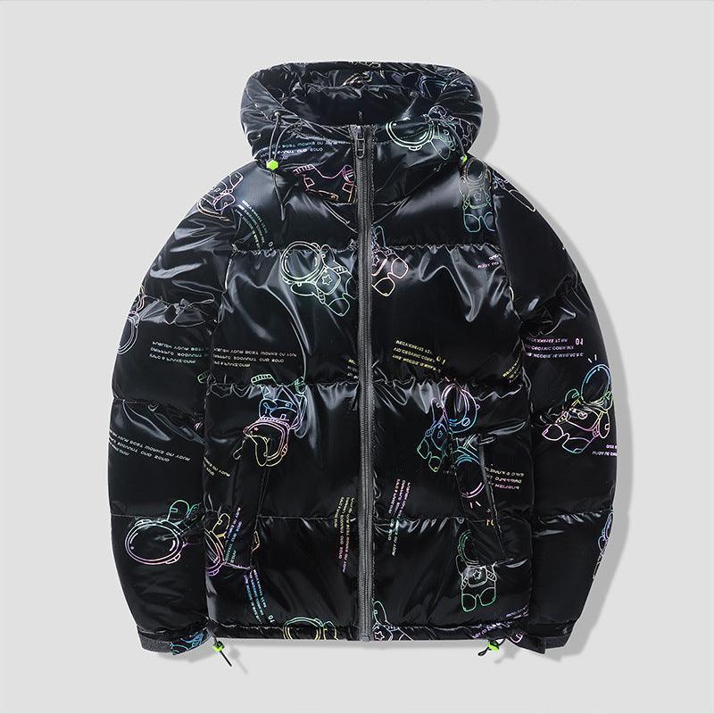 Winter Glossy Hooded Cotton Coat - MRC STORETopMy StoreA glossy black hooded cotton coat with multicolor geometric patterns, zipper front, and side seam pockets.MRC STORECJPK191503402BY8820 BlackL