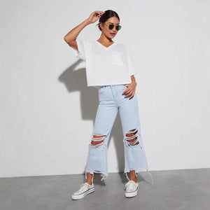 Women’s Mid Waist Ripped Cropped Jeans – Loose Fit Casual Denim Pants - MRC STORE