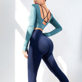 Yoga Set Hollow Back Top – High Waist Pants - MRC STOREyoga clothesMy StoreYoga Clothing Set with Hollow Back Long Sleeve Top and High Waist Hip Pants – Comfortable and Stylish - MRC STOREMRC STORECJTZ141844407GTGrey blue and dark blueL